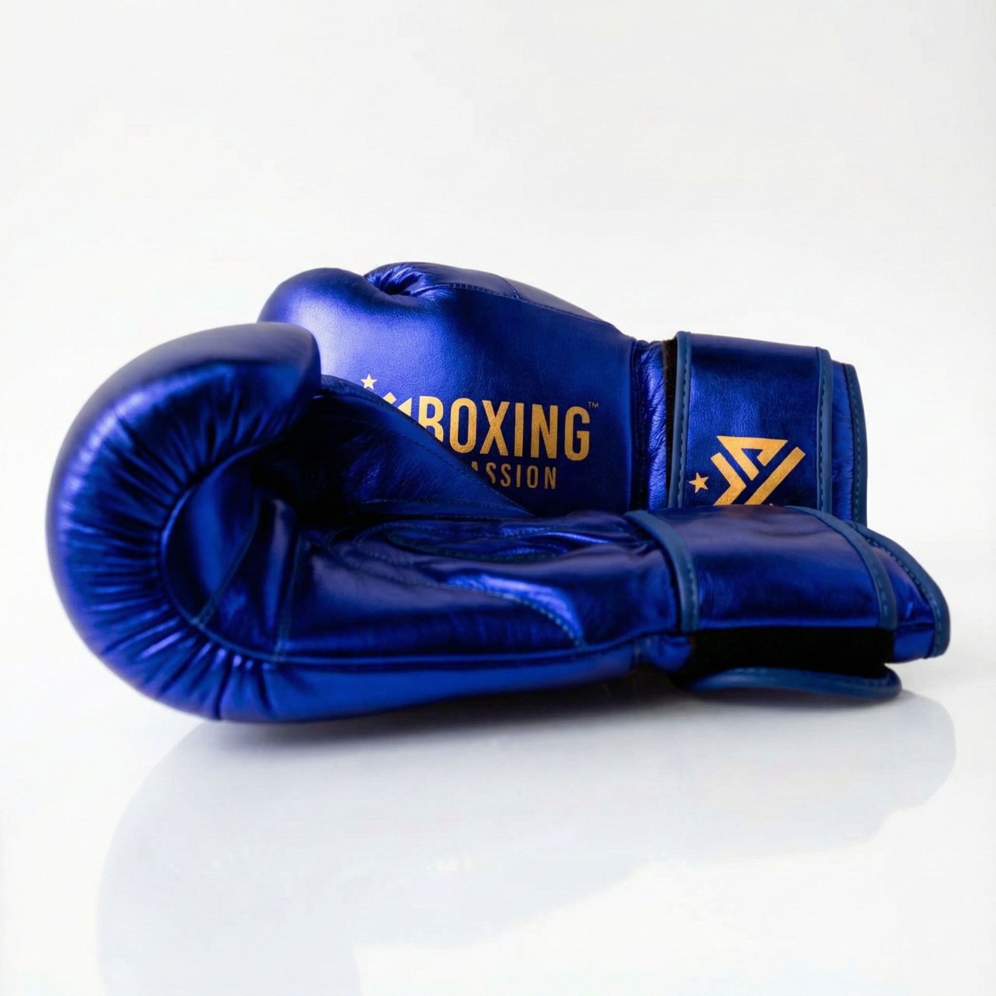 Metallic Royal Blue 14oz Velcro Sparring Gloves with Gold Logo
