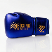 Metallic Royal Blue 14oz Velcro Sparring Gloves with Gold Logo