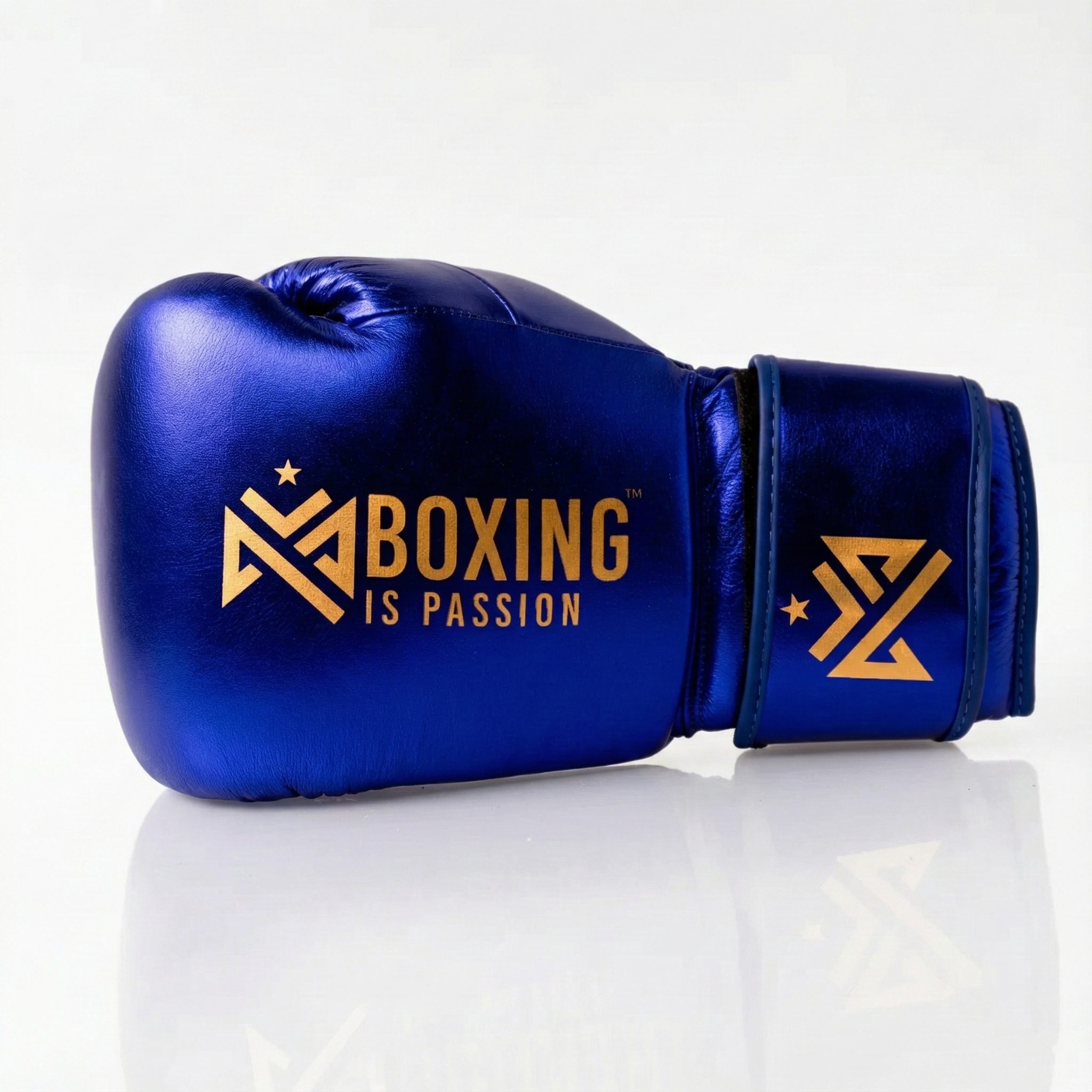 Metallic Royal Blue 14oz Velcro Sparring Gloves with Gold Logo
